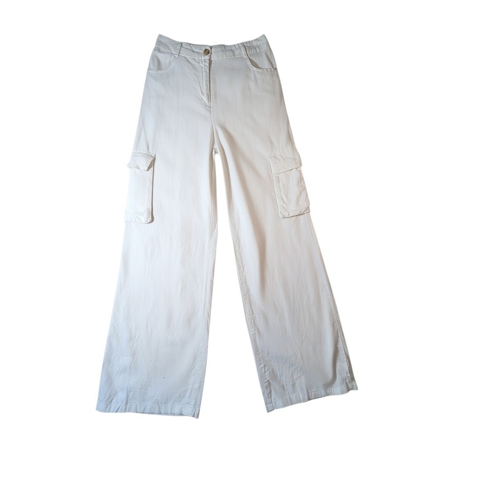 Happily Grey Linen Blend Cargo Pants White Wide Leg Utility Trousers Small